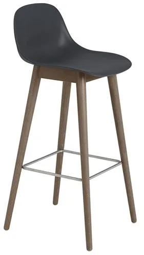 Muuto Fiber Bar Stool with Wooden Base and Backrest Black/Dark Brown H97.5 cm